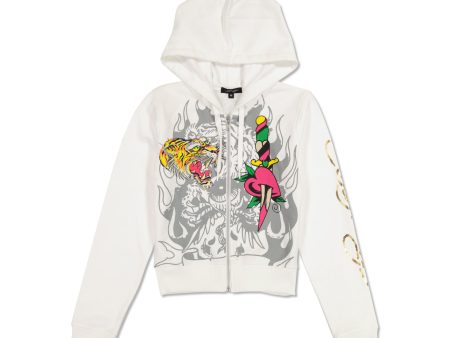 Tiger Dagger Cropped Zip Fleece Hoodie For Sale