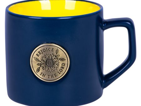 Rejoice In The Lord Ceramic Mug With Metal Badge - Philippians 4:4 Fashion