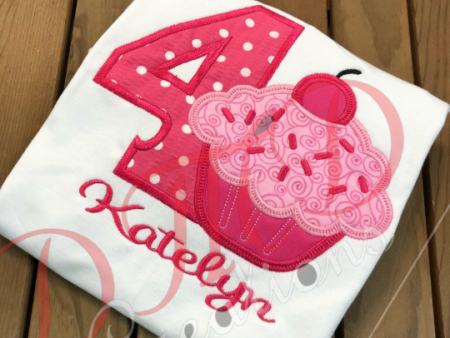 Cherry topped Cupcake Birthday shirt , Applique Cupcake Birthday shirt For Cheap