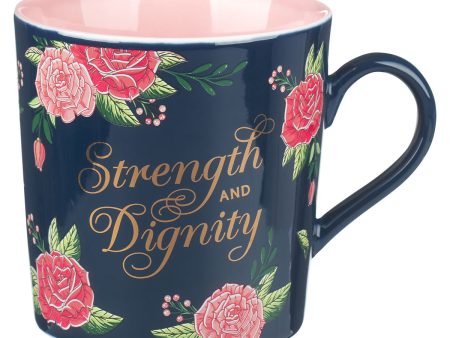 Strength And Dignity Navy And Pink Floral Ceramic Mug - Proverbs 31:25 For Cheap