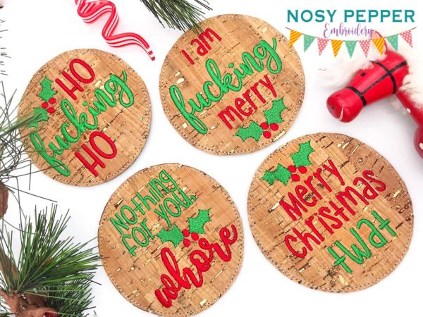 Mature Christmas Coaster set of 4 designs (4x4 hoop) machine embroidery design DIGITAL DOWNLOAD Cheap