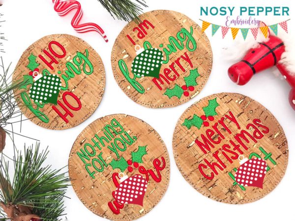 Mature Christmas Coaster set of 4 designs (4x4 hoop) machine embroidery design DIGITAL DOWNLOAD Cheap